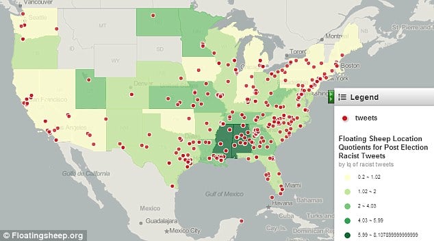 Mapa de EEUU con los tweets post electorales