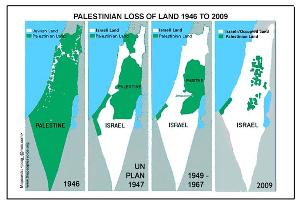Se puede apreciar cómo Israel ha invadido los territorios palestinos