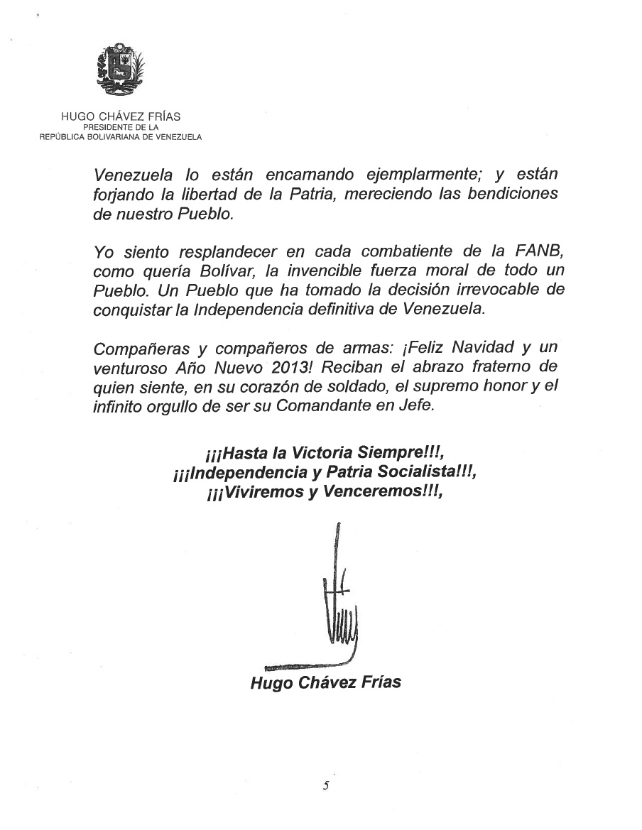 Última página de la carta del Comandante Chávez con su firma
