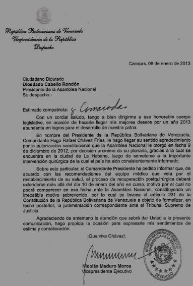 Carta enviada por el Vicepresidente Nicolás Maduro a la Asamblea Nacional