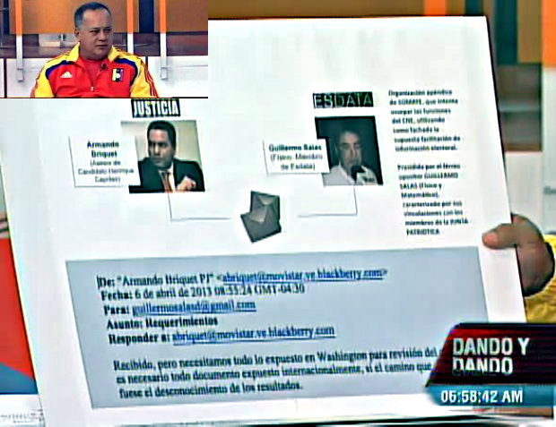 Entre los documentos presentados por Diosdado Cabello se encuentra este Correo electrónico enviado por Armando Briquet.