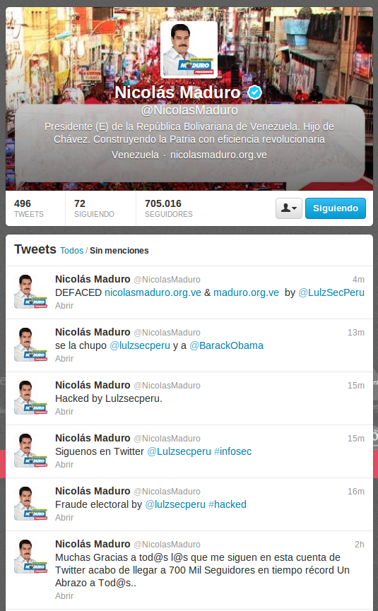 Perfil del Presidente Encargado y candidato presidencial Nicolás Maduro en Twitter luego de ser violada la cuenta