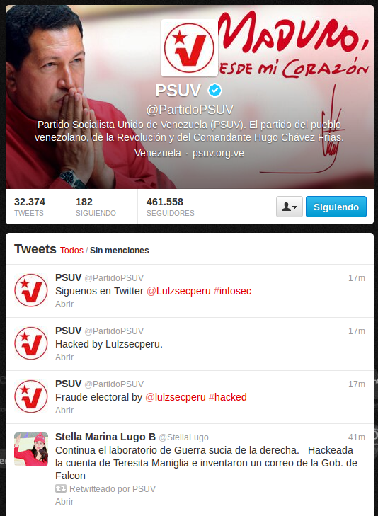 Perfil del Partido Socialista Unido de Venezuela en Twitter luego de ser violada la cuenta