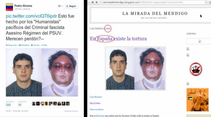 Tuitero opositor divulga foto de supuesto estudiante venezolano golpeado por “fascistas asesinos” del PSUV. Derecha: La foto corresponde a Unai Romano, joven retenido, golpeado y torturado en 2005 por la policía española.