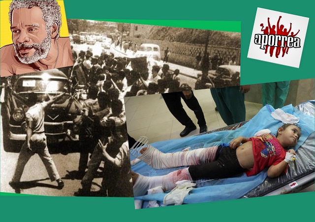 En la composición por las Efemérides del 13 de Mayo: imágenes del incidente con Richar Nixon por una protesta estudiantil antiimperialista en Caracas en 1958, caricatura de Ismael Rivera, niño palestino de Gaza en una camilla de hospital con sus piernas heridas por los ataques genocidas de Israel.