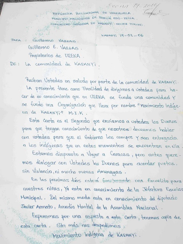 Carta Dirigida a Guillermo Vargas
del Movimiento Indigena de Karanyi