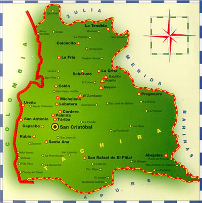 Mapa del Estado Táchira, Venezuela, y ubicación de la población de Ureña
