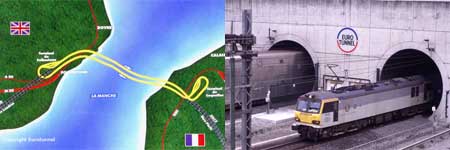 A la izquierda, gráfico del recorrido del Eurotunel entre Francia y Reino Unido. A la derecha, un tren entra en el túnel