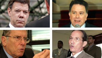 Altos funcionarios del Gobierno colombiano han declarado contradictoriamente sobre el canje humanitario. En la imagen: Santos (sup. izq), Restrepo (sup. der), Holguín (inf. izq) y Araújo (inf. der).