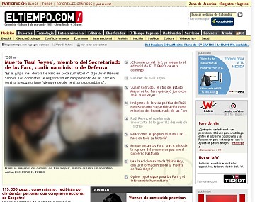 Así lucía la portada del diario El Tiempo este sábado, con la foto del cadáver de Raúl Reyes. Por respeto a nuestros usuarios, hemos colocado la imagen borrosa