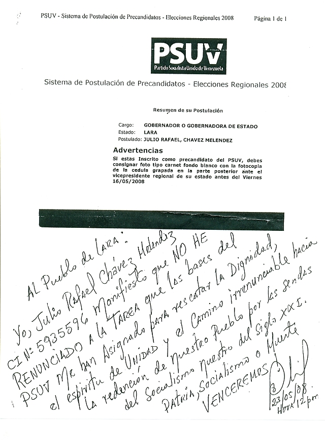 Carta manuscrita por Julio Chávez donde manifiesta que no ha renunciado a su postulación como precandidato a la gobernación de Lara