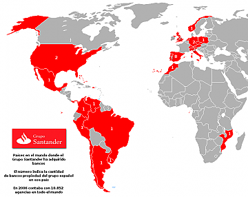 El mapa muestra, en rojo, los países donde el Grupo Santander ha adquirido bancos o instituciones financieras. No ha habido interés en Ecuador, Bolivia y Paraguay