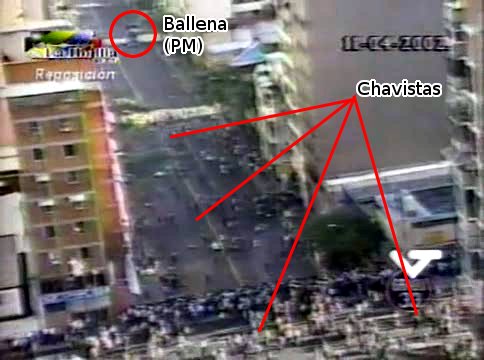 El video muestra primero a cientos de chavistas en la Av. Baralt y Puente Llaguno, y a lo lejos la "Ballena" de la PM, al sur de la Av. Baralt