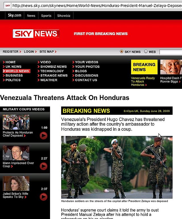 Sky News tergiversa las informaciones sobre el golpe de estado en Honduras e intenta crear una matriz de opinión contra el Presidente Hugo Chávez. Hasta el nombre del país Venezuela es tergiversado por ese medio.
