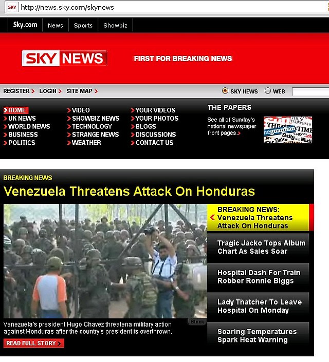 En portada y con grandes titulares, Sky News tergiversa las informaciones sobre el golpe de estado en Honduras e intenta crear una matriz de opinión contra el Presidente Hugo Chávez.