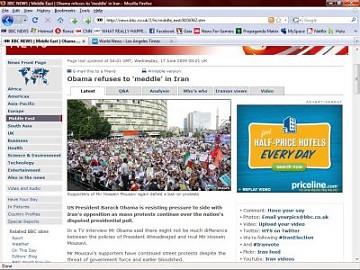 Al igual que los medios golpistas venezolanos. Esta es la misma foto pero en el sitio web de la BBC, eliminando a Ahmadinejad y mintiendo al público al escribir que es una manifestación a favor de Moussavi