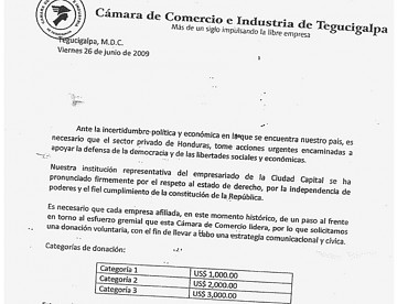 Carta de la cámara de comercio de Tegucigalpa