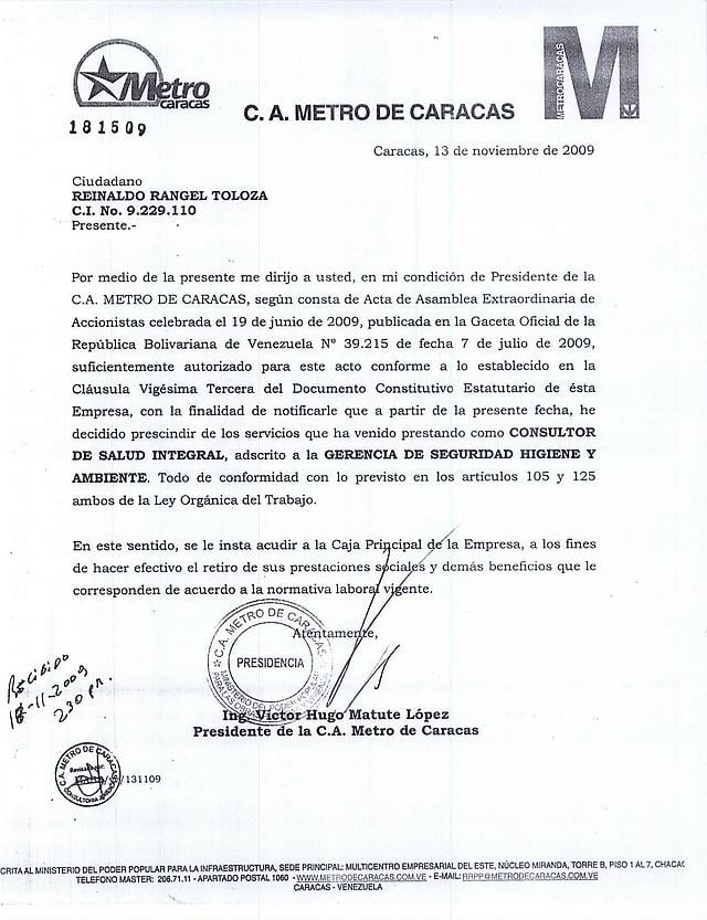 Despedido ilegalmente Reinaldo Rangel de la C.A Metro por 