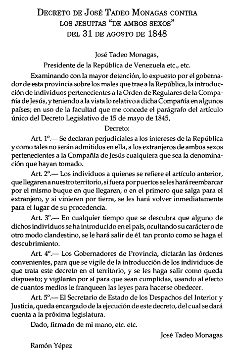 Decreto de José Tadeo Monagas contra los jesuítas "de ambos sexos" del 31 de agosto de 1848