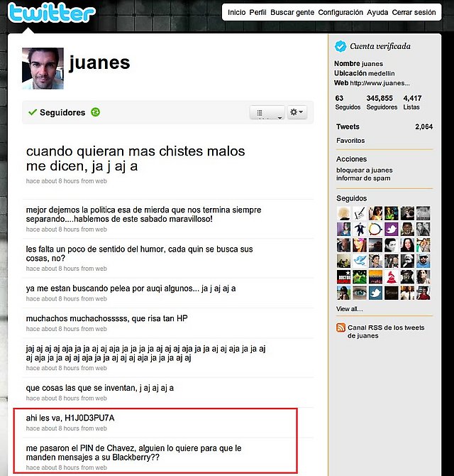 Imagen de captura del perfil en Twitter de Juanes cuando insulta al Presidente Chávez