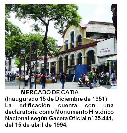 MERCADO DE CATIA La edificación cuenta con una declaratoria como Monumento Histórico Nacional según Gaceta Oficial nº 35.441, del 15 de abril de 1994. Es parte del Patrimonio Cultural de Catia, pero debe ser recuperado.