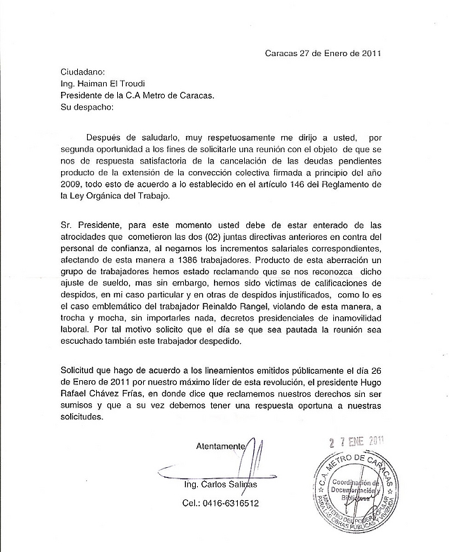 Carta de solicitud al Presidente del Metro, Ingº Haiman El Troudi