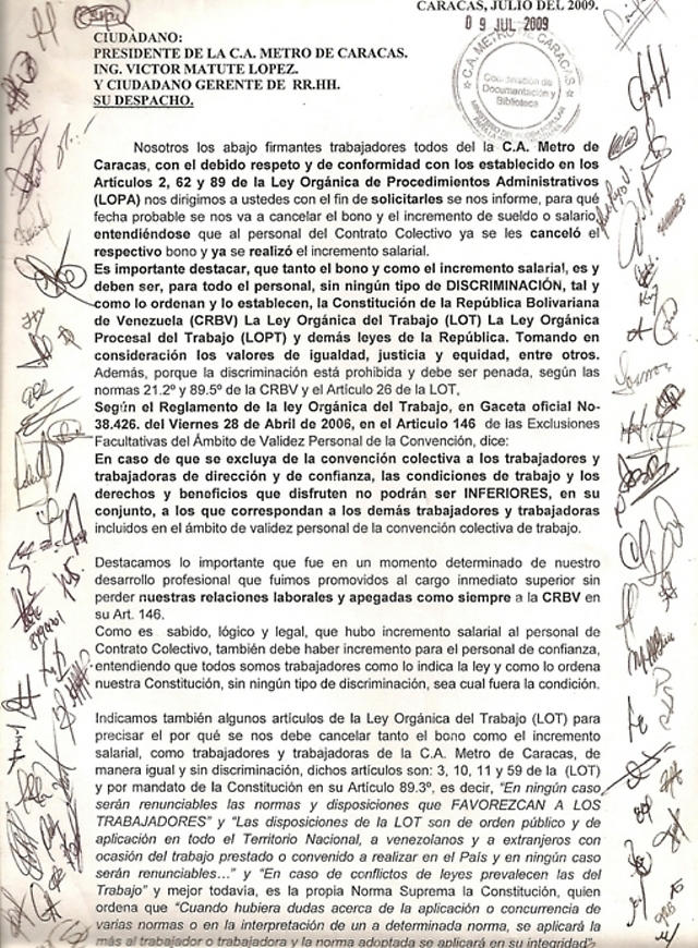 Pag. 1-4  Carta al Ingº Victor Matute, anterior Presidente del Metro