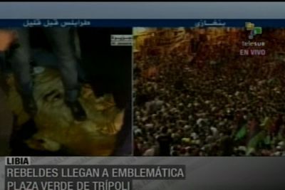 Por ejemplo, la toma de la Plaza Verde transmitida por Al Jazeera no correspondía al momento, como lo denunció la Red Voltaire