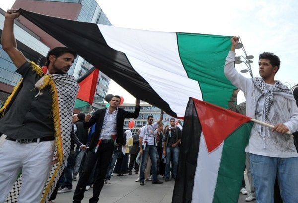 En Bosnia Herzegovina, activistas pro- Palestina flamean la bandera de la nación árabe