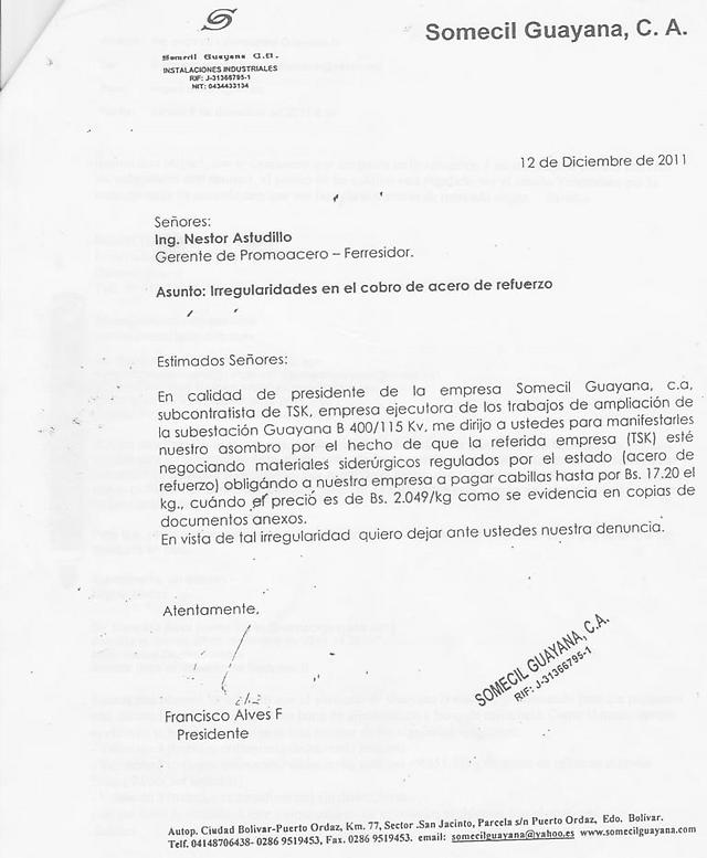 Carta denunciando irregularidades en el precio de las cabillas por la empresa SOMECIL Guayana (Pincha aqui para ver la imagen)