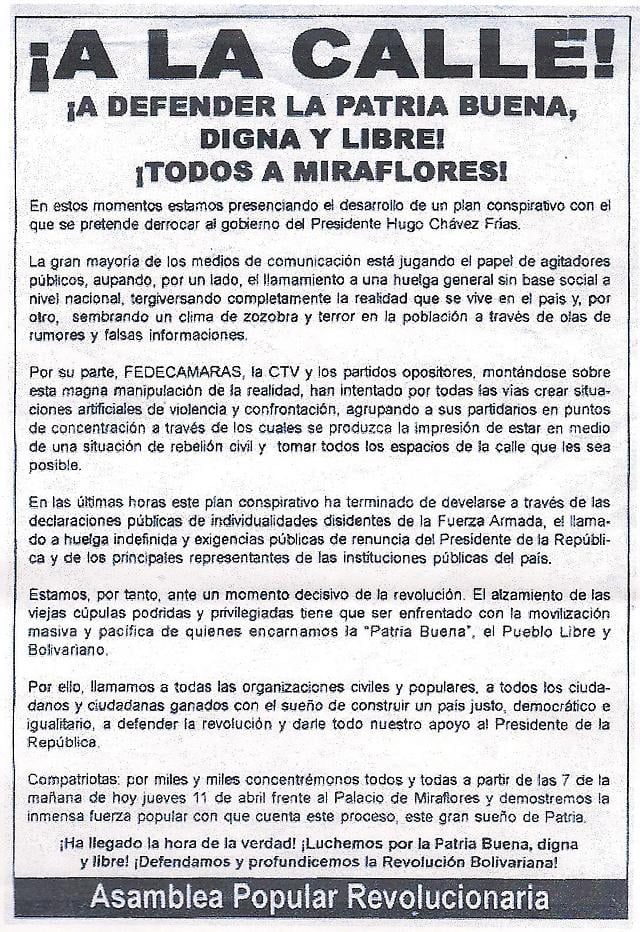 Volante de convocatoria para la defensa antigolpista de Miraflores, repartido por la Asambla Popular Revolucionaria en la madrugada del 11 A 2002