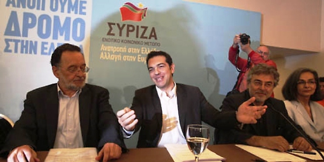 El equipo político de Syriza, en Atenas, presentando su programa