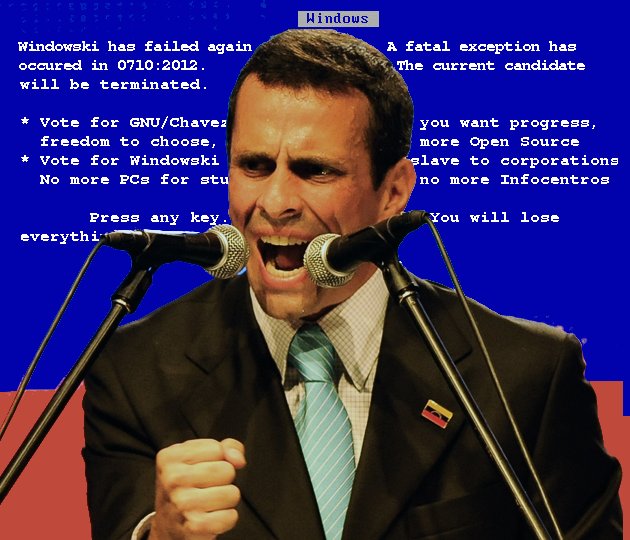 El teleprompter de CAPriles Radonski usa Windows en vez de Linux. Por eso se le congela la pantalla y se pone en azul, lo cual impide al candidato seguir con su discurso preparado en laboratorios de relaciones públicas, imagen y publicidad.