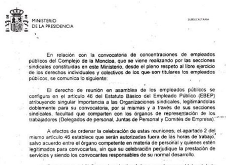 Gobierno español envía a funcionarios una circular 