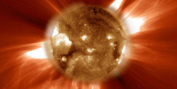 Imágen de las erupciones solares que provocan las tormentas tomada por la nave espacial SOHO