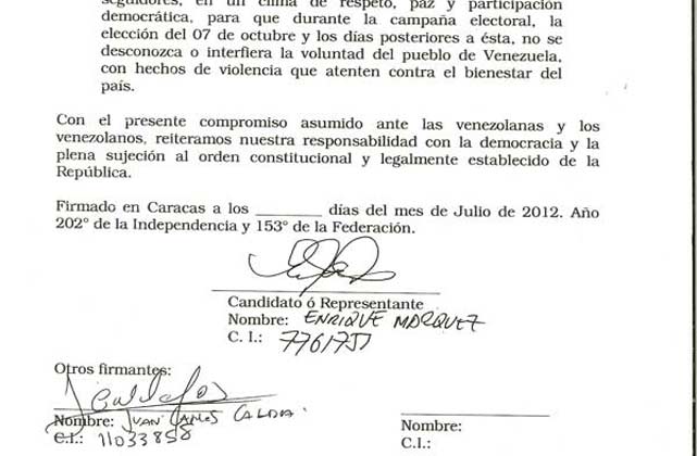 El candidato opositor Capriles evita referirse al espinoso tema de la expulsión del diputado de Primero Justicia, Juan Carlos Caldera, quien suscribió en su nombre el compromiso del CNE.