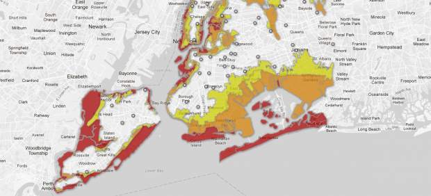 Mapa de las zonas evacuadas (rojo) en Nueva York