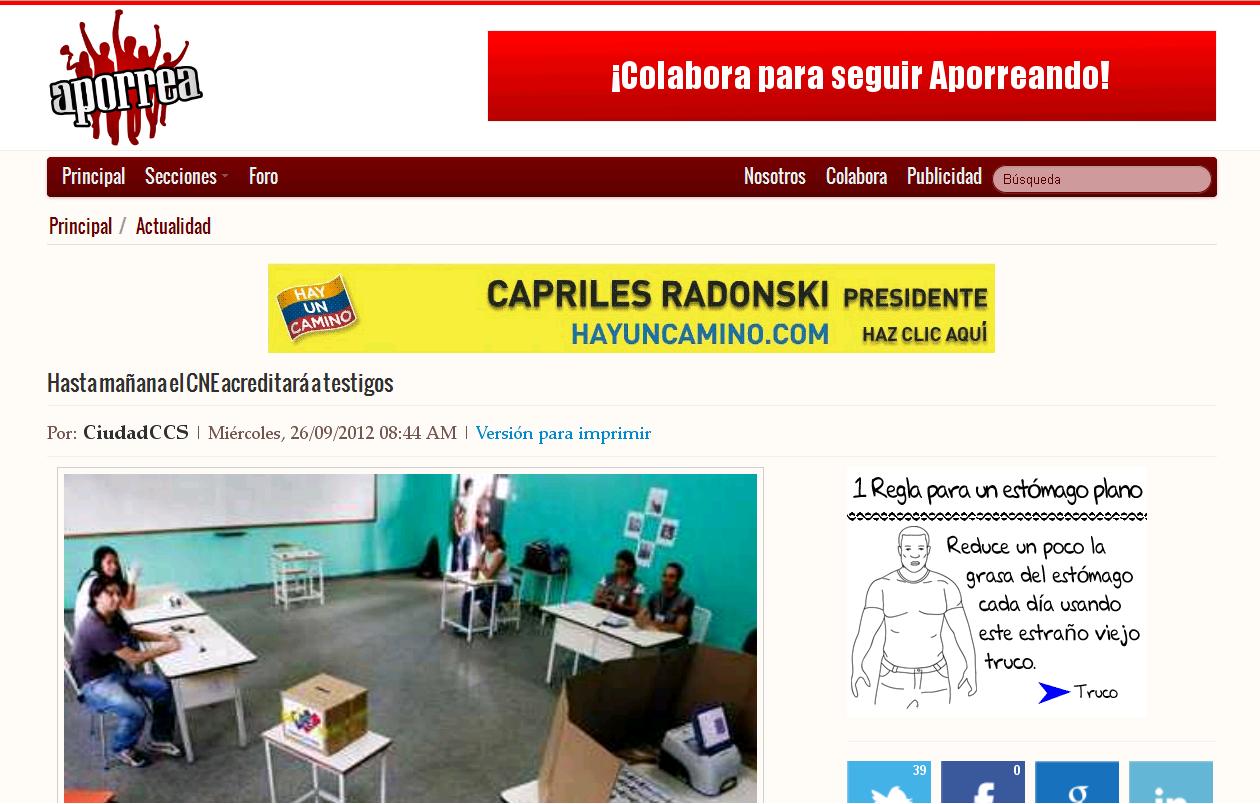 Propaganda de Henrique Capriles en Aporrea, aparece como producto de un virus.