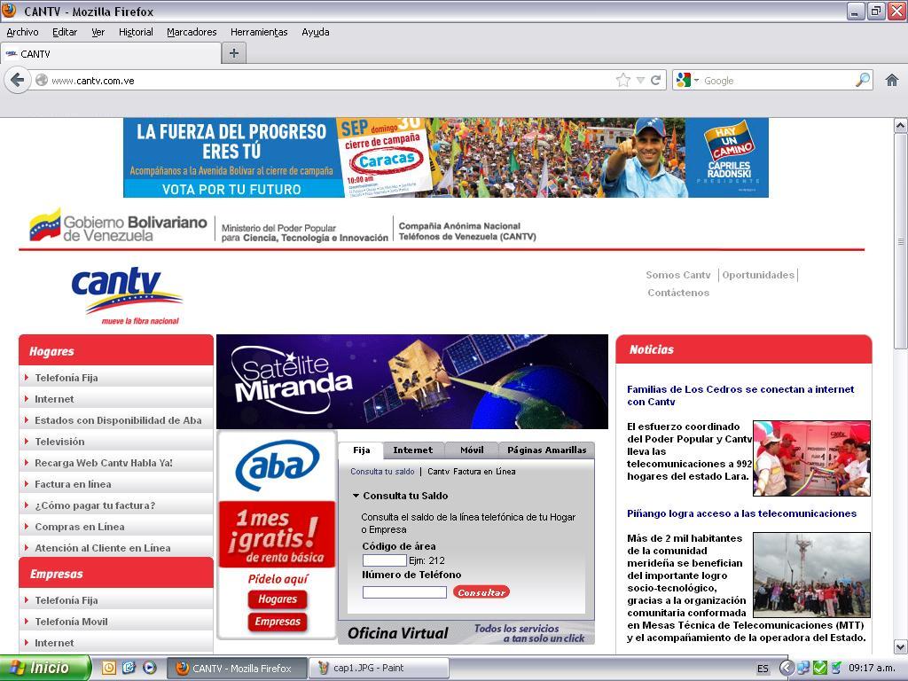 Propaganda de Henrique Capriles en el web de CANTV, como producto de un virus.