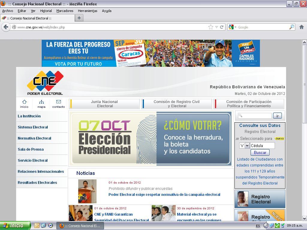 Propaganda de Henrique Capriles en el web del CNE, como producto de un virus.