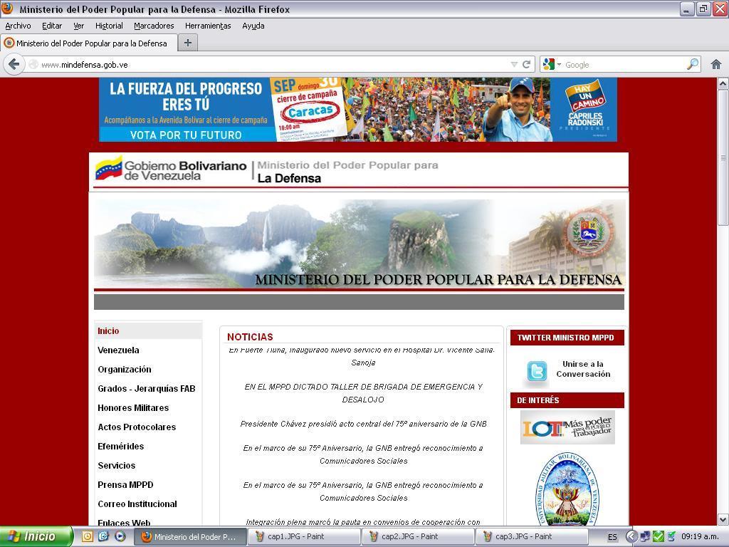 Propaganda de Henrique Capriles en el web del MInisterio para la Defensa, como producto de un virus.