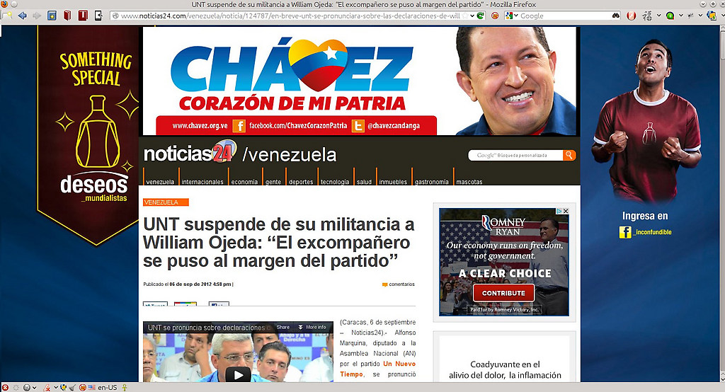 Mega banners publicitarios de la campaña del Presidente Chávez, aparecieron en Noticias 24, junto a promoción de licor y del candidato republicano Mitt Romney.