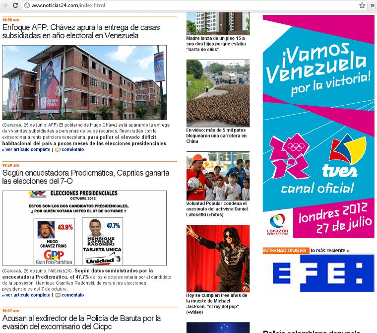 Propaganda del canal estatal TVes, prominentemente mostrada en Noticias24.com junto a noticias de corte negativo contra el gobierno venezolano.