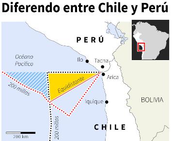Perú reclama a Chile 67.000 km2 sobre una zona de 90.000 km2 de mar territorial en su frontera