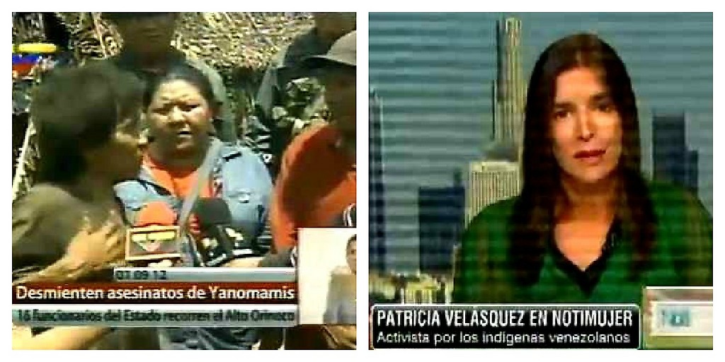 La ministra en lo profundo del Alto Orinoco junto a la comunidad Yanomami y Patricia Velásquez en un estudio de TV en Los Angeles EEUU. ¿Quién cree usted que dice la verdad?.