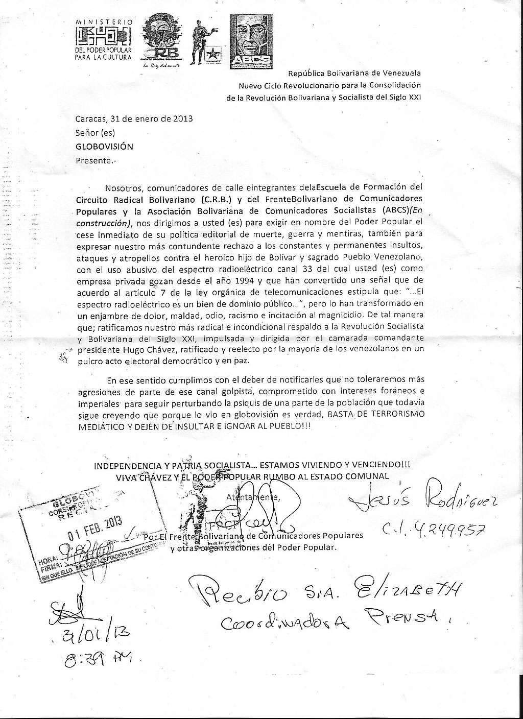 Carta de los colectivos a Globovisión, firmada como recibida