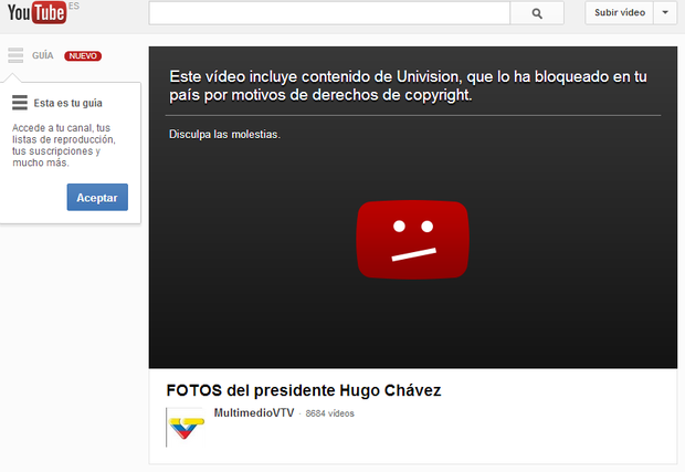 Descaradamente YouTube bloquea el video con las imágenes del Presidente Chávez (Foto captura de pantalla MultimedioVTV)