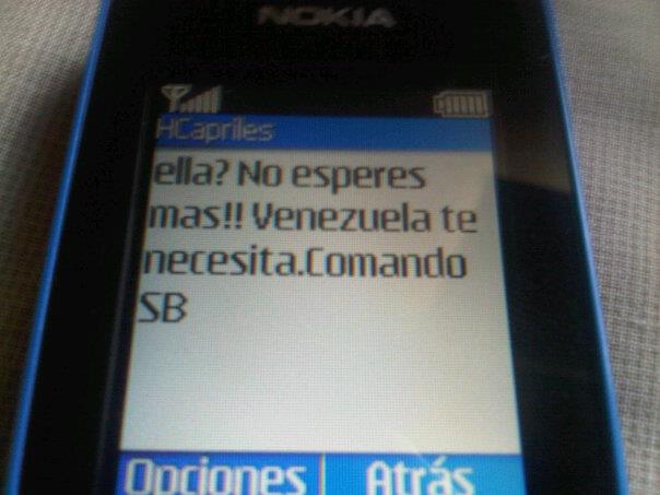Segunda parte del mensaje enviado por el "Comando SB" a nombre de "HCapriles" en la tarde del 14 de abril (imagen enviada desde Boleita a las 3:20pm)