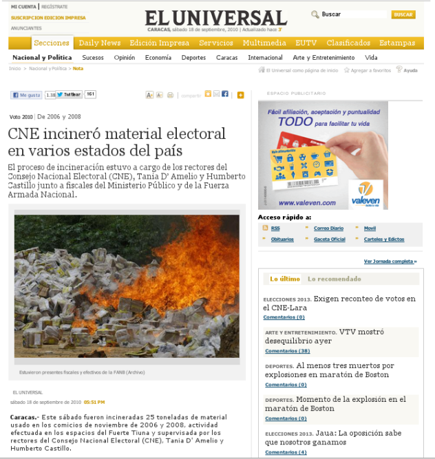 El Universal reseña nota de destrucción en 2010 con foto que se usa para cantar falso fraude hoy