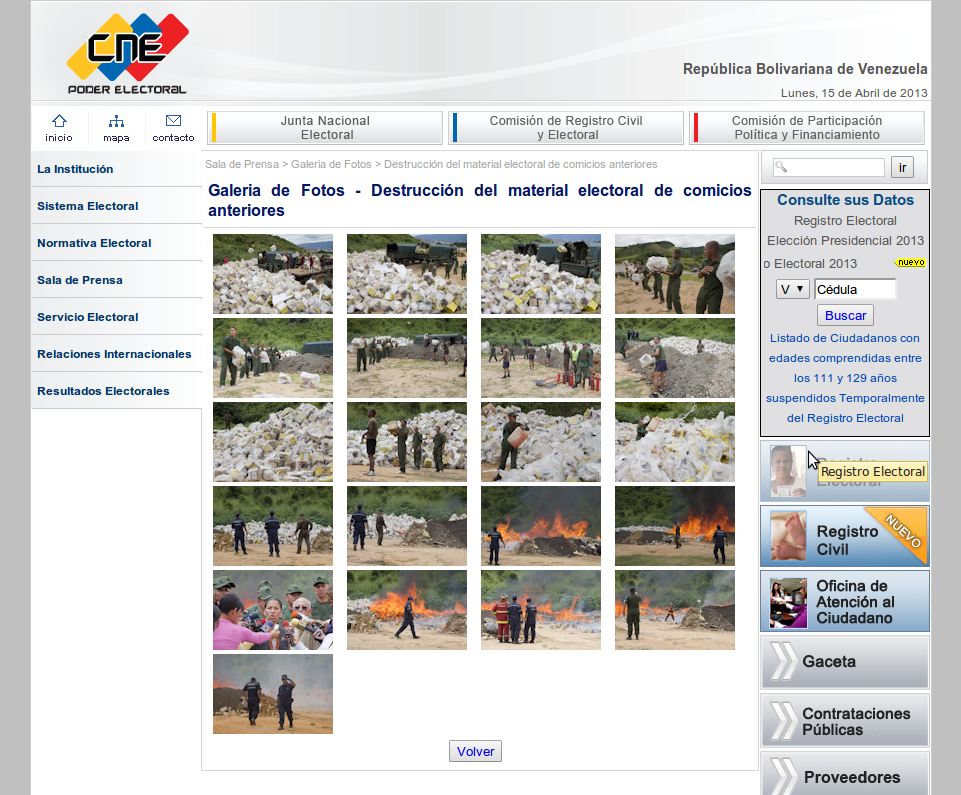 Galería de fotos del CNE de donde toman fotos de quema de material antiguo para denunciar un falso fraude